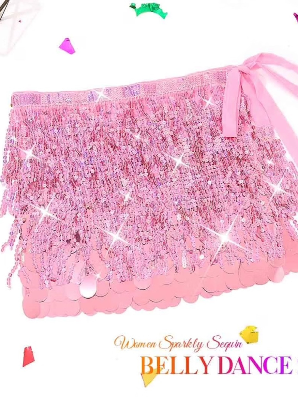 NWOT Sequin Skirt Sparkly Fringe Glitter Belly Dance Hip Scarf for Women Pink OS